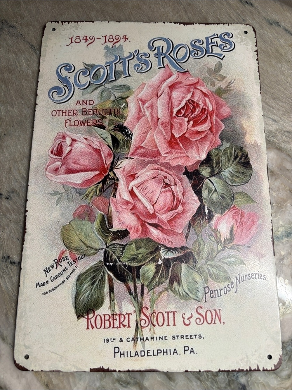 Pink Roses Vintage-Style Wall Sign Metal with 4 holes for hanging